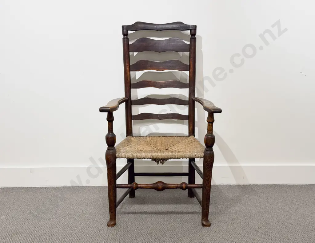 Early C19th Elm Ladder Back Open Arm Chair Image 1++