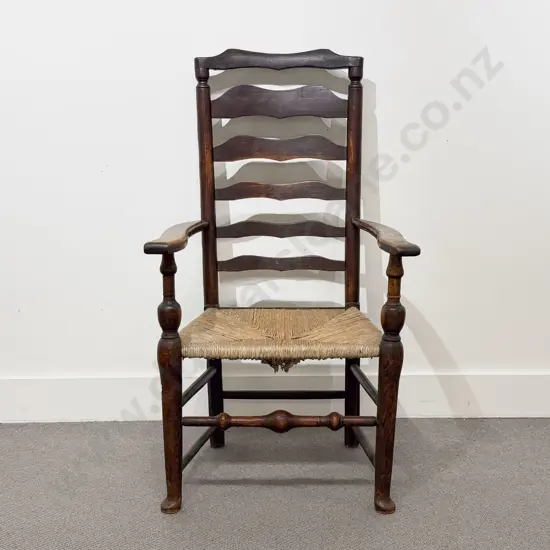 Early C19th Elm Ladder Back Open Arm Chair