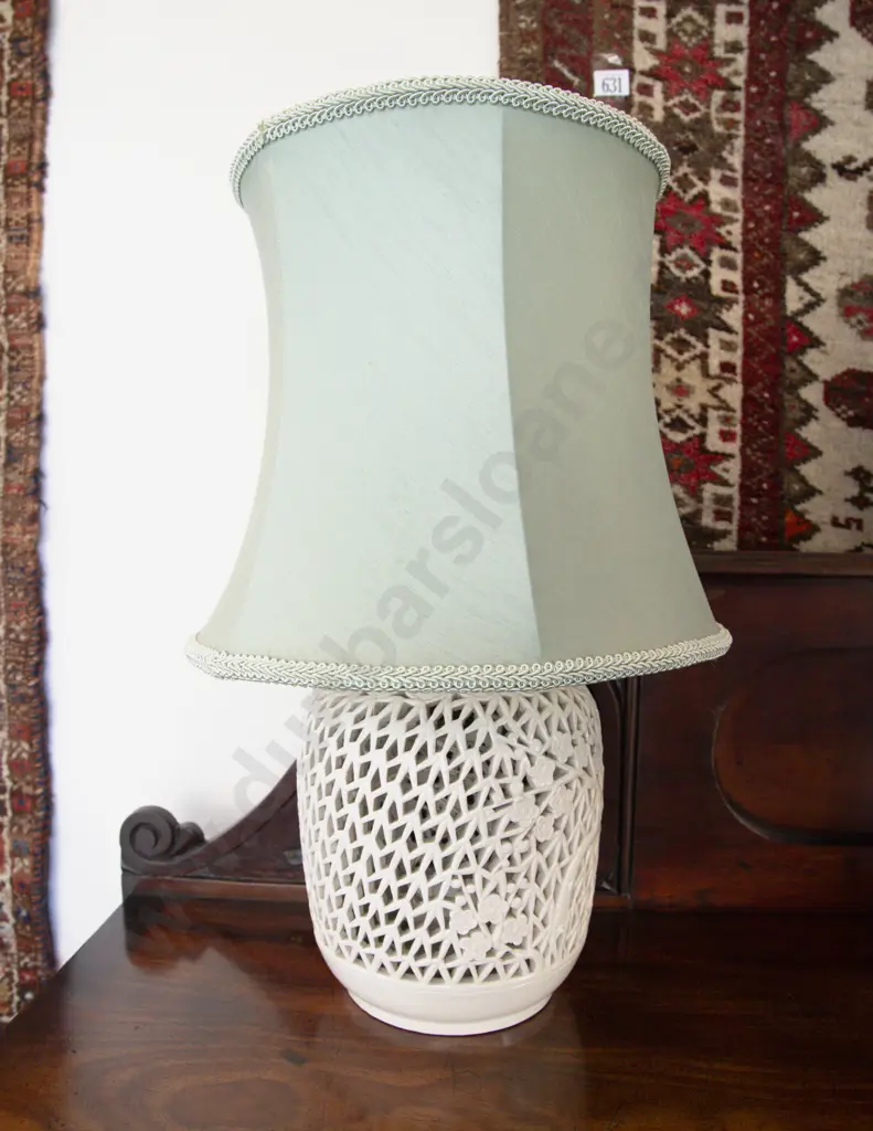 Pair Reticulated White Glazed Lamp Bases with Shades Image 1++