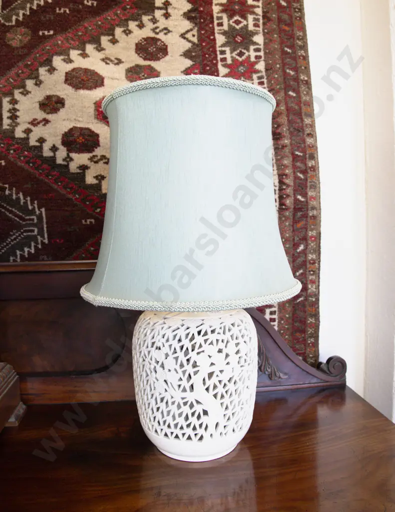 Pair Reticulated White Glazed Lamp Bases with Shades Image 1++