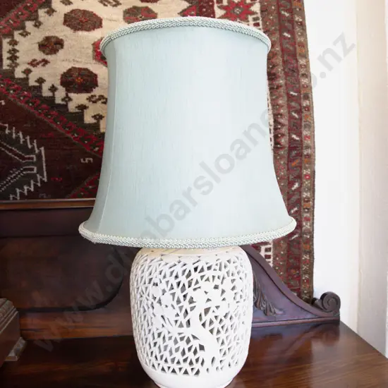 Pair Reticulated White Glazed Lamp Bases with Shades