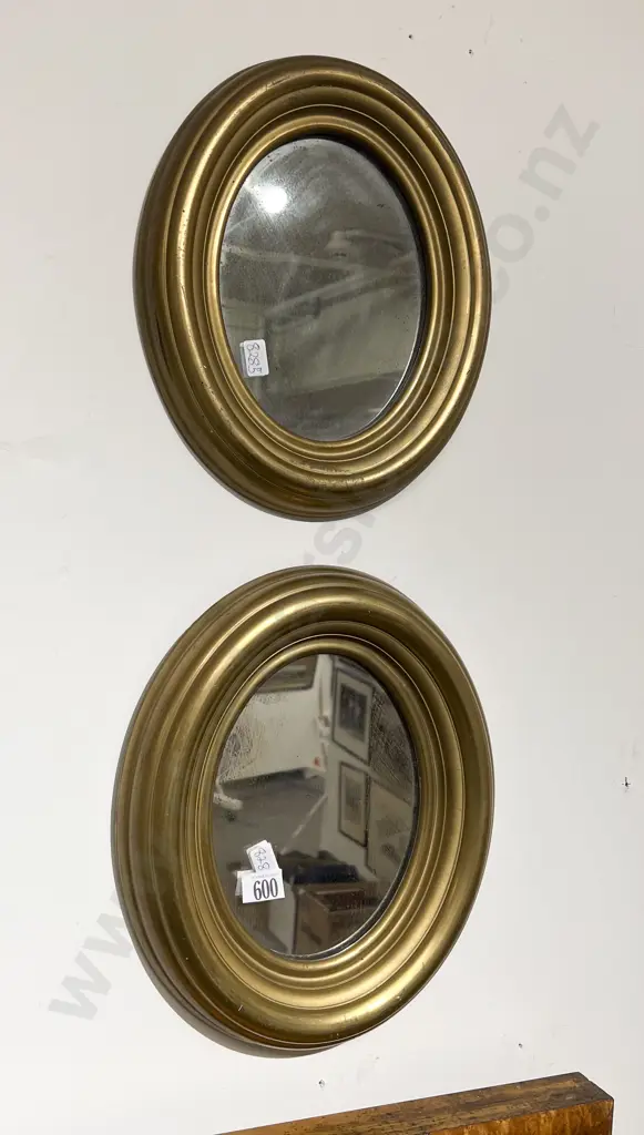 Pair Vintage Giltwood Oval Wall Mirrors Image 1++