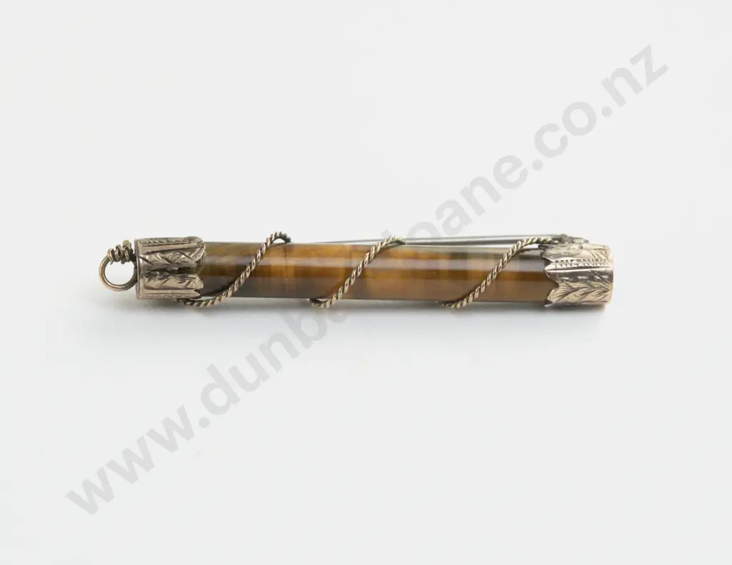 NZ 9ct Gold Mounted Tiger Eye Bar Brooch Image 1++