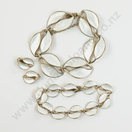 Norwegian Jeweller David Andersen .925 Silver Enamel Leaf Bracelets and Pair Earrings