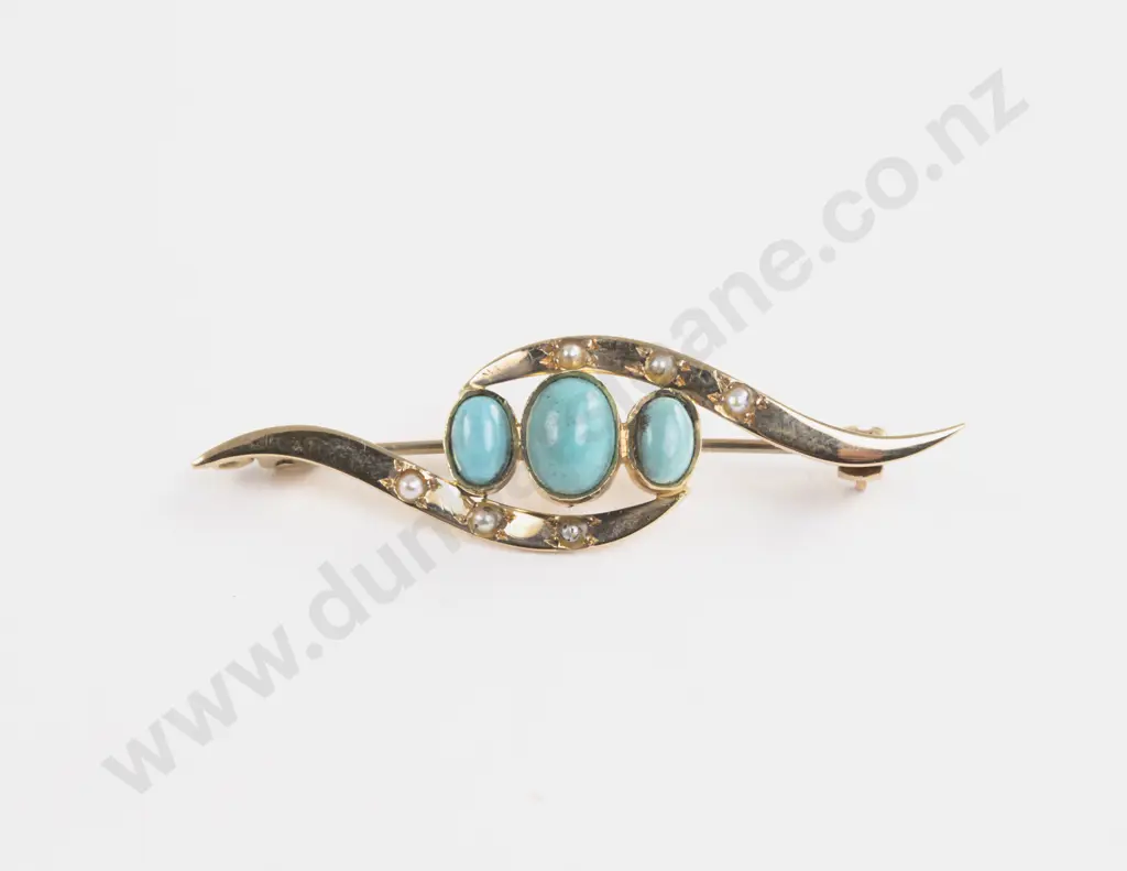 18ct Turquoise and Pearl Bar Brooch Image 1++