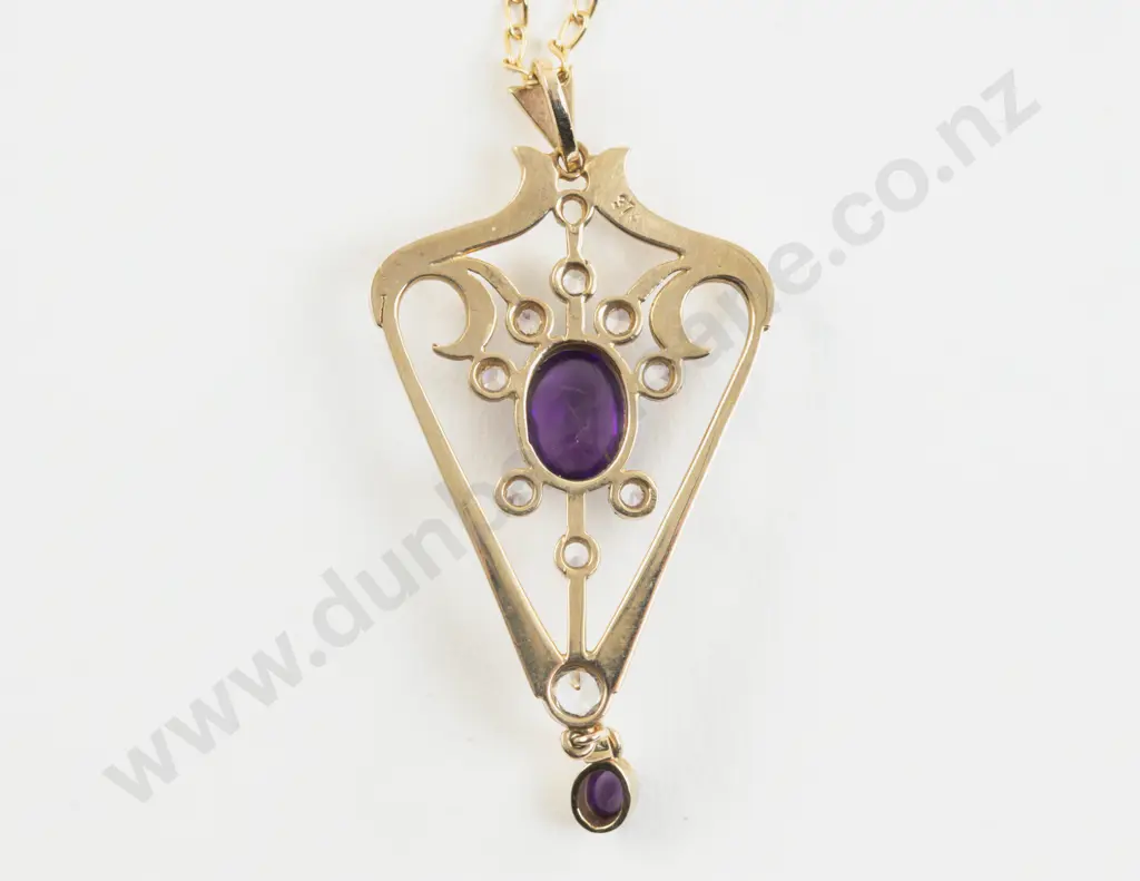 Edwardian 9ct Eleven Stone Amethyst and Diamond Shield Pendant Image 1++