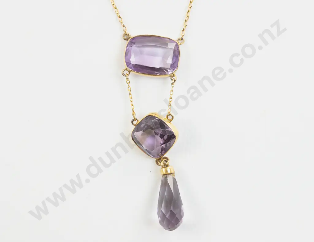 Victorian 9ct Three Stone Amethyst Pendant Drop Necklace Image 1++