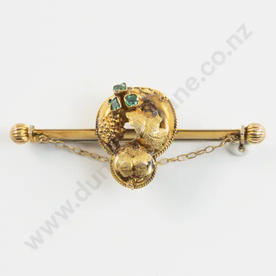 Victorian 9ct Three Stone Emerald Bar Brooch