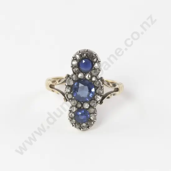 C19th 9ct Three Stone Sapphire and Diamond Cluster Ring