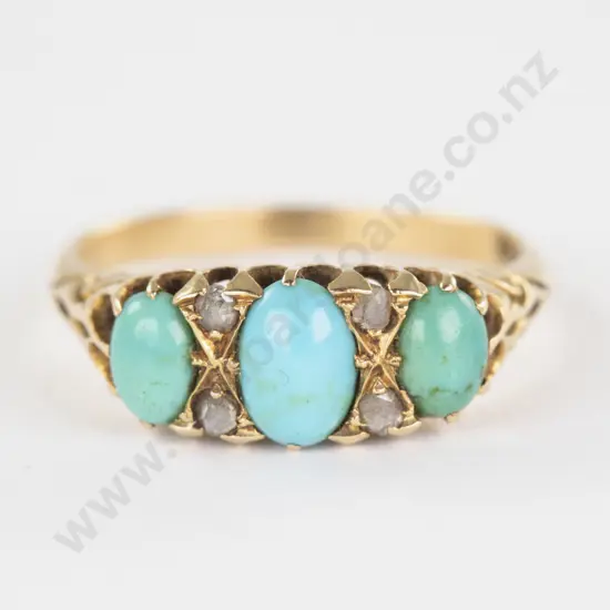 Victorian 18ct Three Stone Turquoise and Diamond Bridge Ring