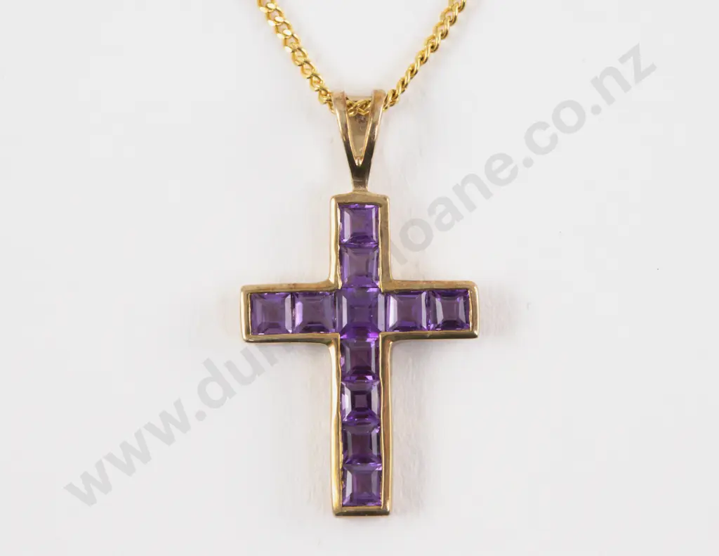 9ct Eleven Stone Amethyst Cross Pendant Image 1++