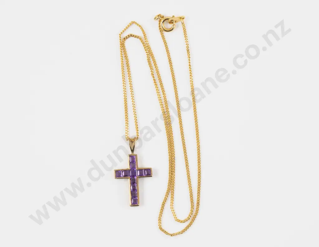 9ct Eleven Stone Amethyst Cross Pendant Image 1++
