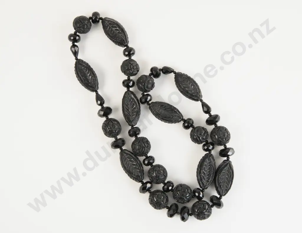 Victorian French Jet Single Strand Carved Beaded Necklace Image 1++