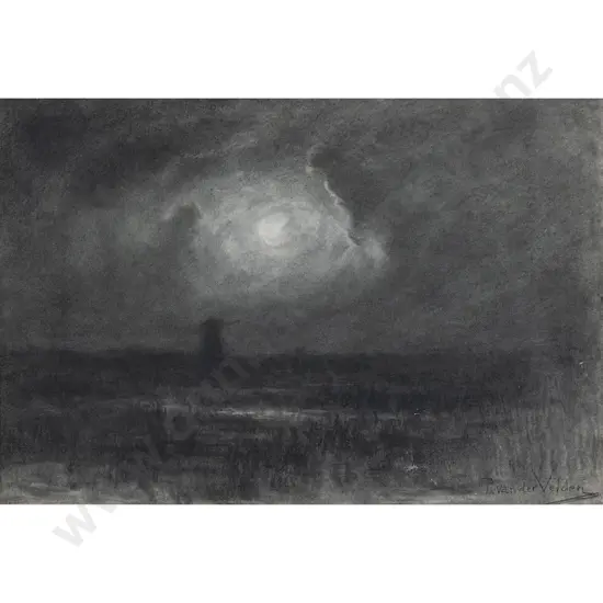 Petrus Van der Velden - Moonlit Landscape with Windmill