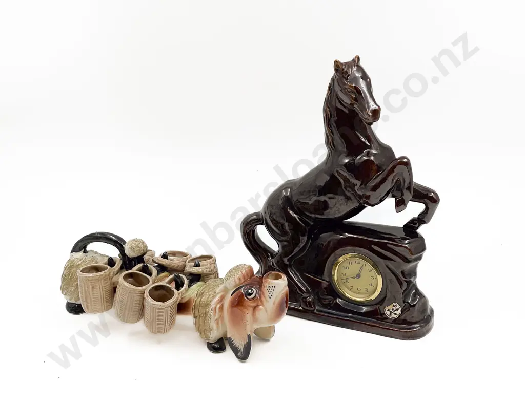 Novelty Dog form Liqueur Bottle and Cups with Horse Form Mantle Clock Image 1++