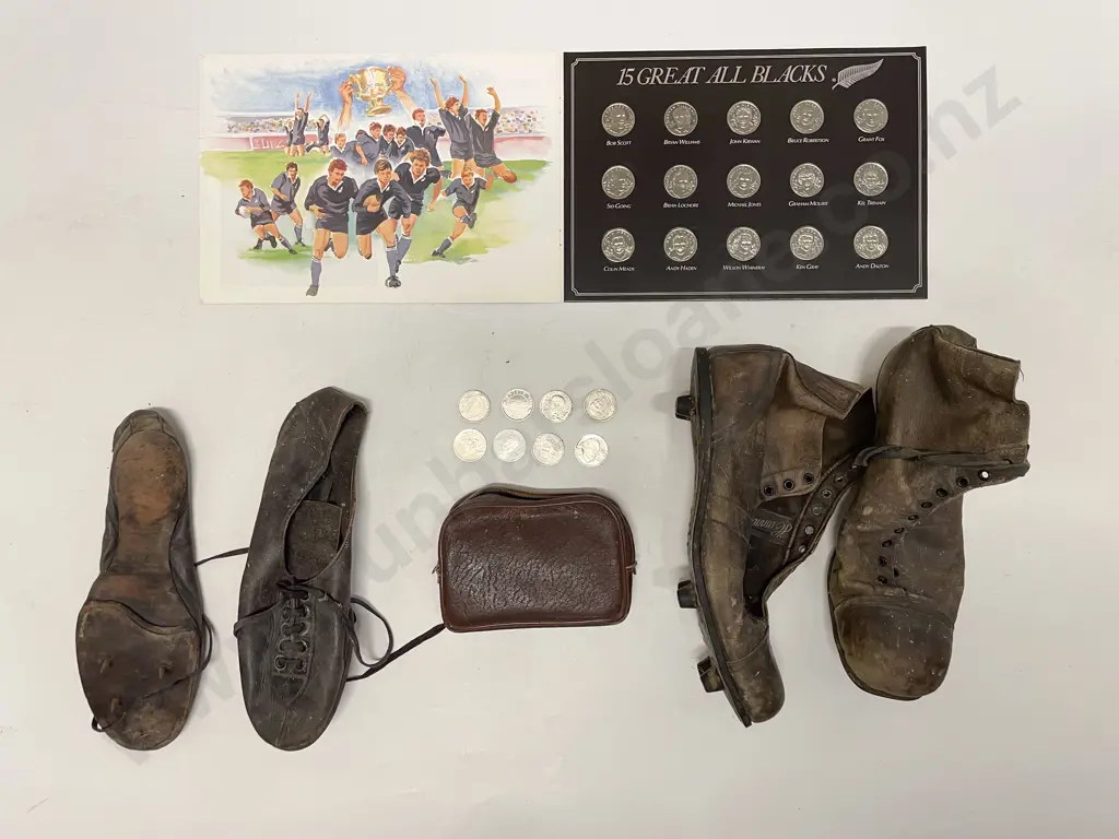 All Black Comm. Coin Set and Assorted Rugby Comm. Coins with Vintage Leather Boots Image 1++