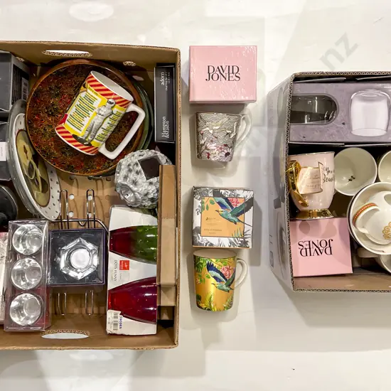 Two Boxes of Assorted Modern and Boxed Kitchen Crockery Etc