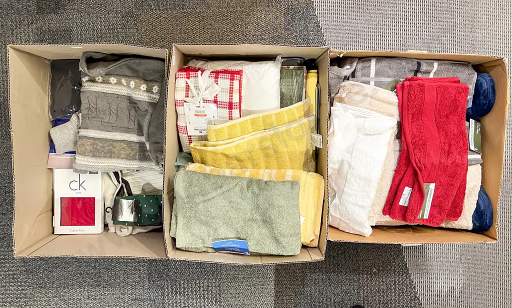 Three Boxes of Assorted As New Bathroom and Kitchen Towels Etc Image 1++
