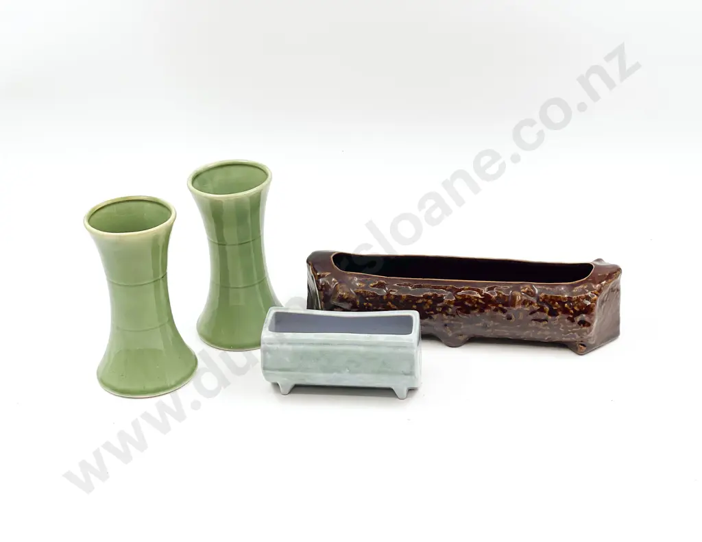Pair of Green Glazed Temuka Vases and Two Flower Troughs Image 1++