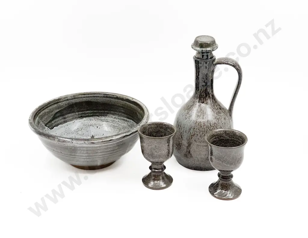 Pottery Flagon and Two Goblets Together with Fruit Bowl Image 1++