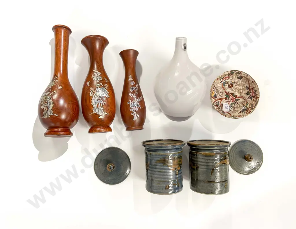 Three Inlaid Wooden Vases with Glass Vase and others Image 1++