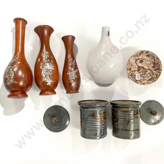 Three Inlaid Wooden Vases with Glass Vase and others
