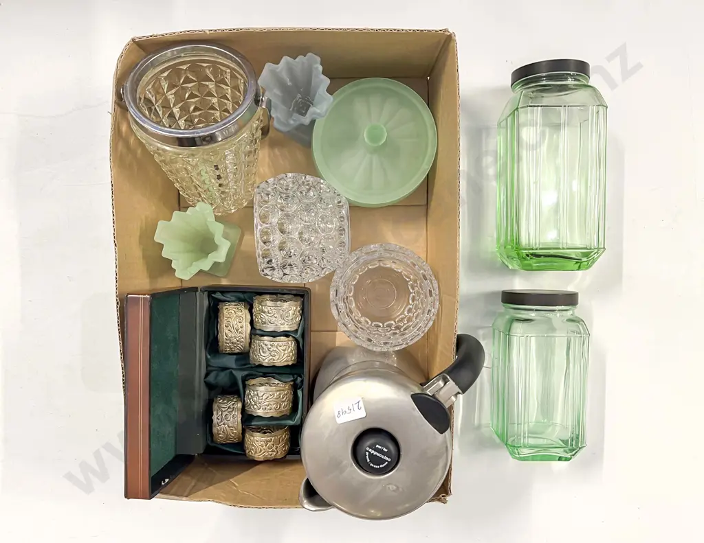 Boxed Napkin Ring Set with Pressed Glassware and Bialetti Stove Top Coffee Maker Image 1++