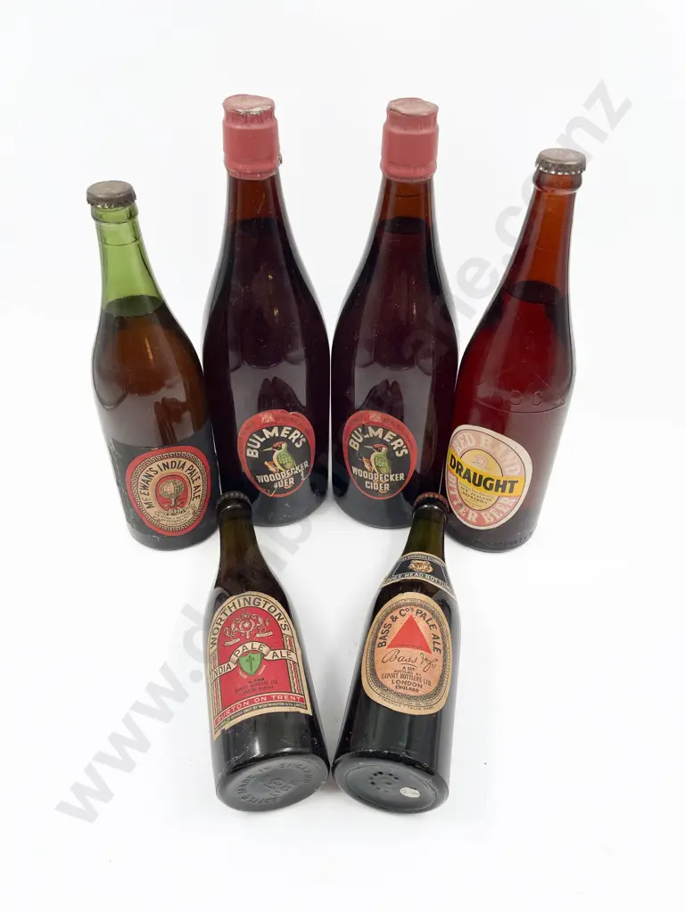 Four Vintage Full Labelled Beer Bottles and Pair of Full Bulmer's Woodpecker Cider Bottles Image 1++