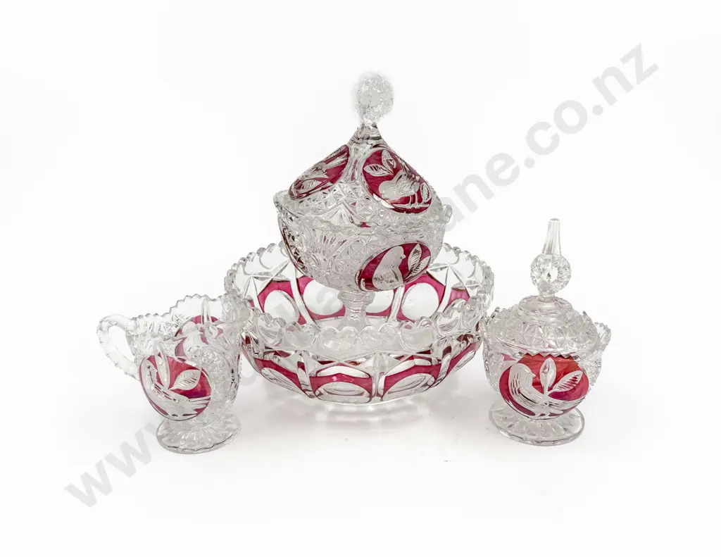 Four Pieces of Ruby Flashed Crystal including Lidded Sweetie Dish Image 1++