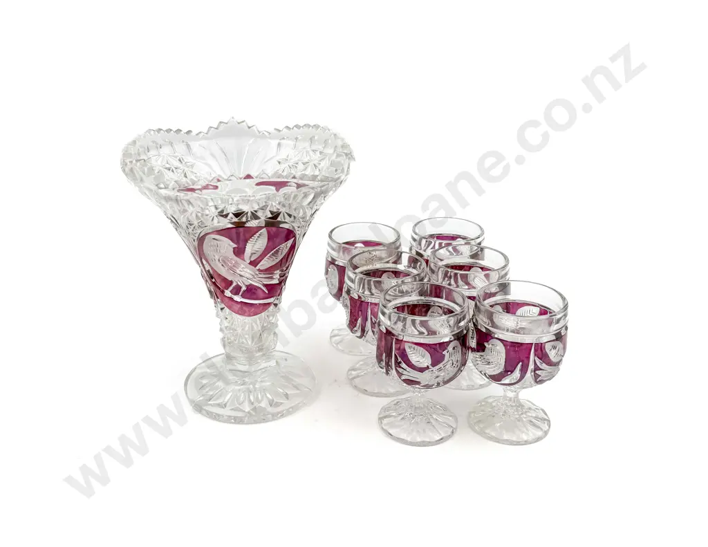 Ruby Flashed Crystal Vase and Six Small Goblets Image 1++