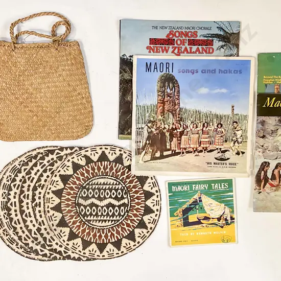 Woven Basket with Assorted Records and Woven Bags etc