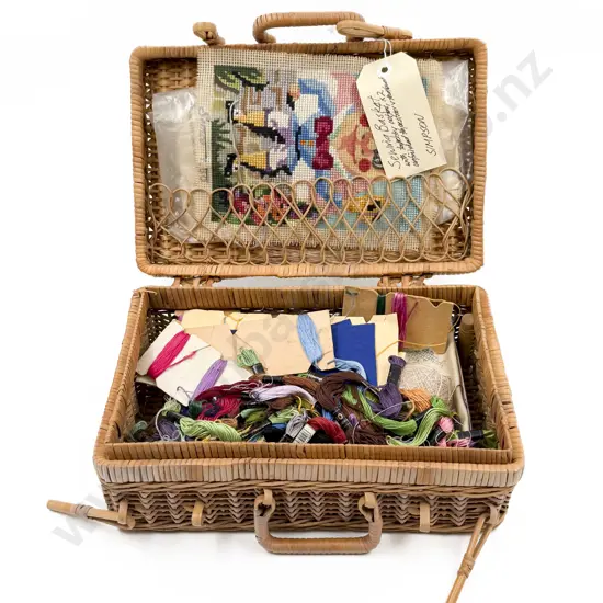 Wicker Case of Assorted Sewing Threads Etc