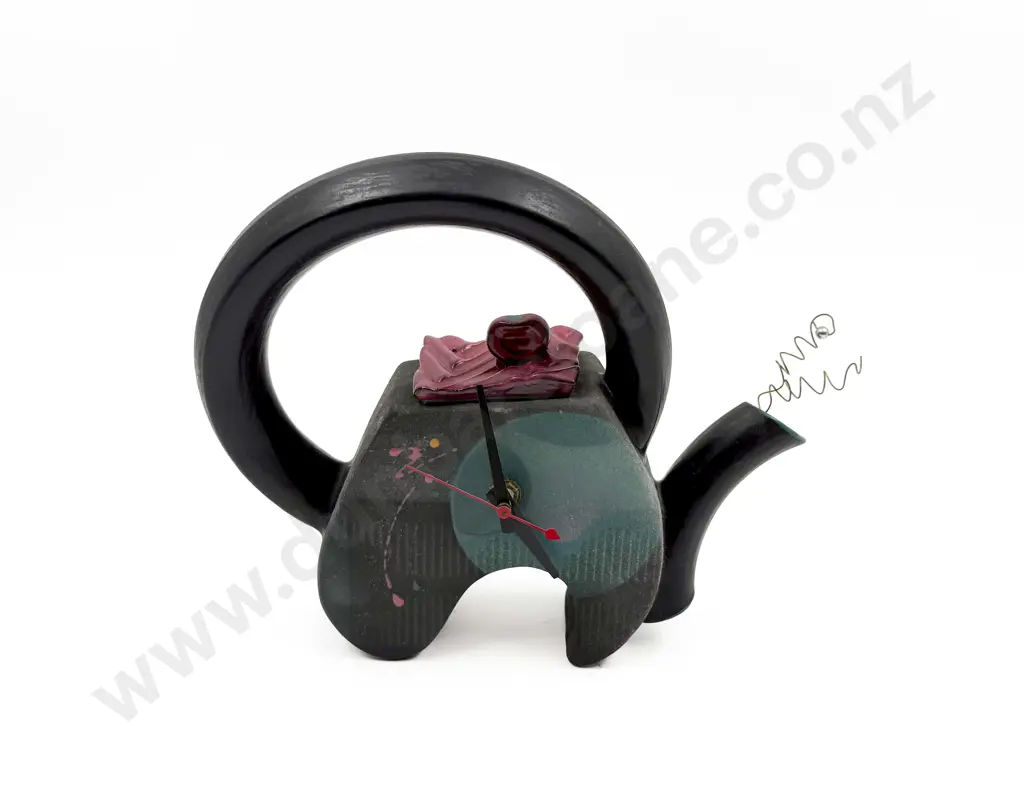 Stylized  Teapot Form Clock and Three Pottery Vases Image 1++