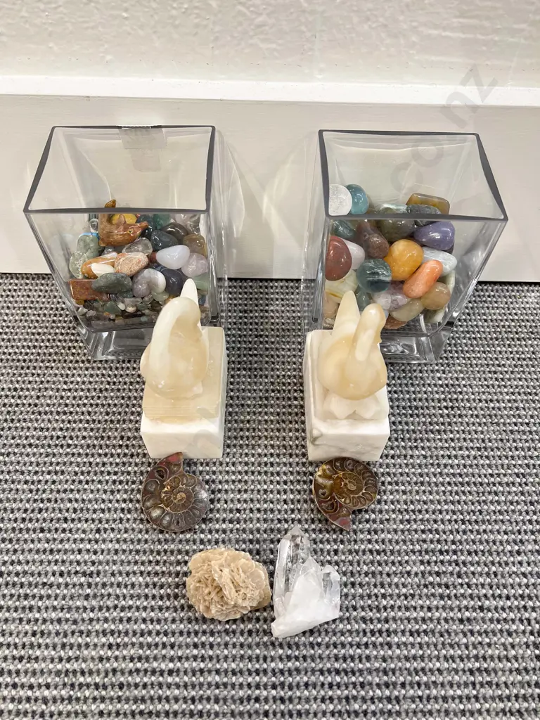 Pair of Hardstone Bookends with Polished Pebbles and Small Crystal Formation *PLEASE NOTE PHOTO CHANGE Image 1++