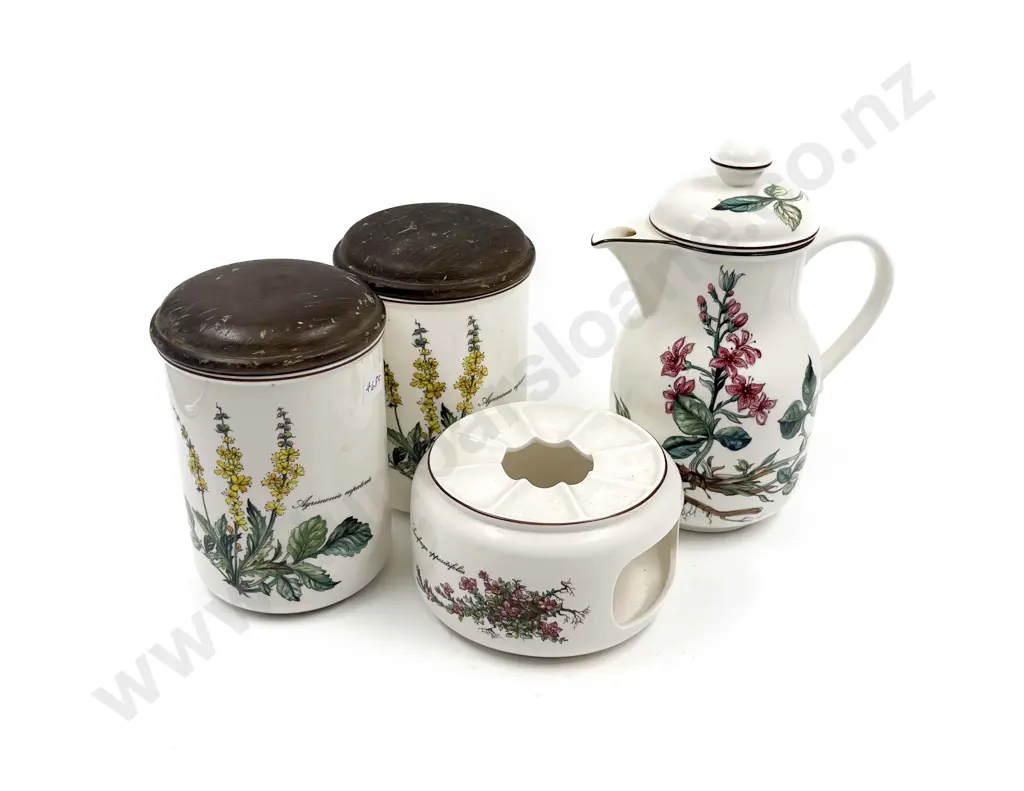 Villeroy & Boch "Botanica" Pattern - Pair of Lidded Jars with Hot Water Jug and Warmer Stand Image 1++