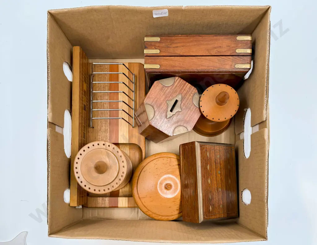 Box of Assorted Woodware including NZ Kauri Rimu and Sovereign Ware Image 1++