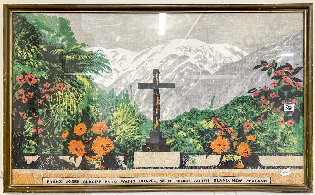 Framed Vintage NZ Advertising Tea Towel - Franz Joseph Image 1++