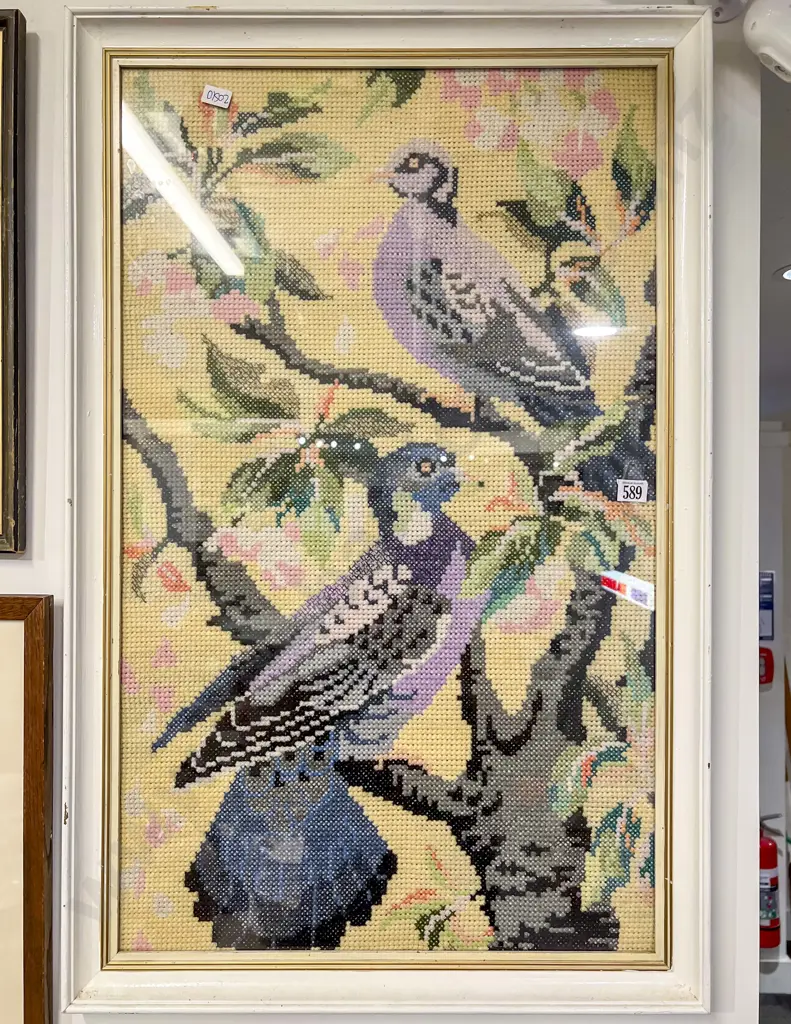 Framed Vintage Needlepoint Bird Study Image 1++
