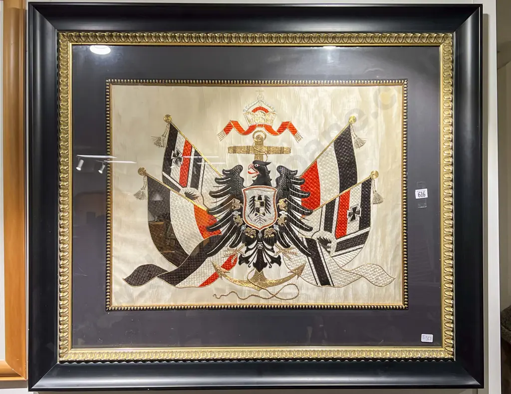 Framed Silk Embroidered Imperial German Navy Coat of Arms Image 1++