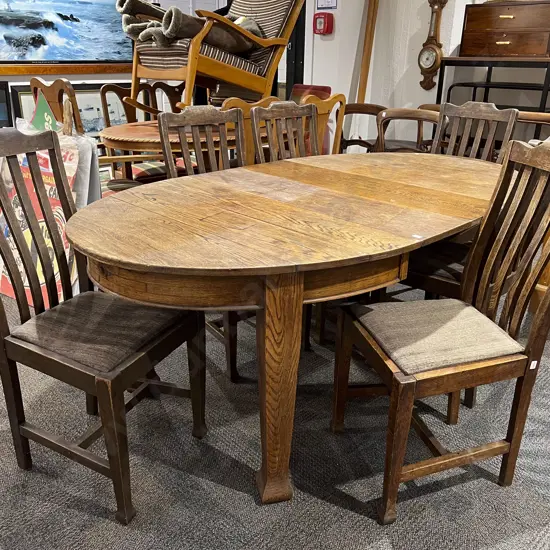 Edwardian Oak Oval Oak Dining Table & Six Slat Back Chairs