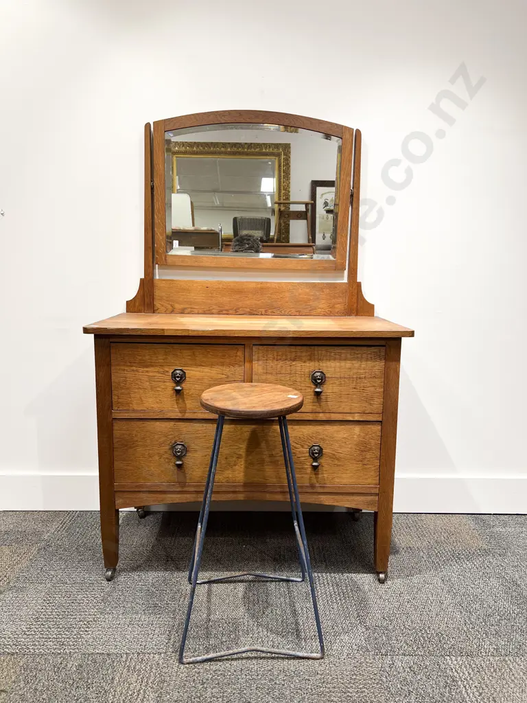 Oak Mirror Back Dressing Chest Pot Cupboard & Stool Image 1++