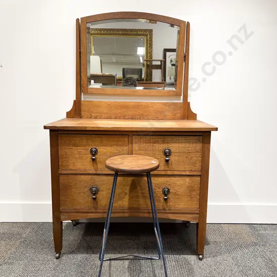 Oak Mirror Back Dressing Chest Pot Cupboard & Stool