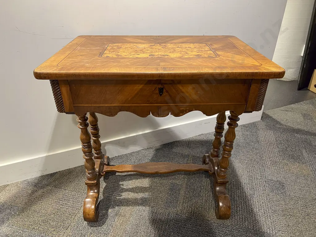 C19th Northern European Inlaid Walnut Side Table With Sectional Long Drawer Image 1++