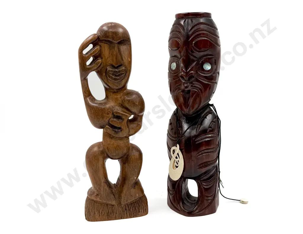 Two Modern Maori Carvings with Bone Necklace Image 1++
