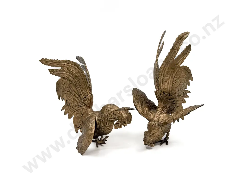 Pair of Gilt Painted Fighting Roosters Image 1++