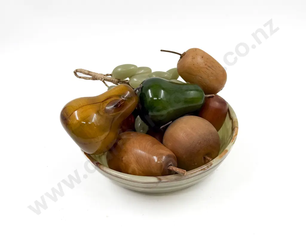 Qty of Assorted Hardstone Faux Fruit in Onyx Bowl Image 1++