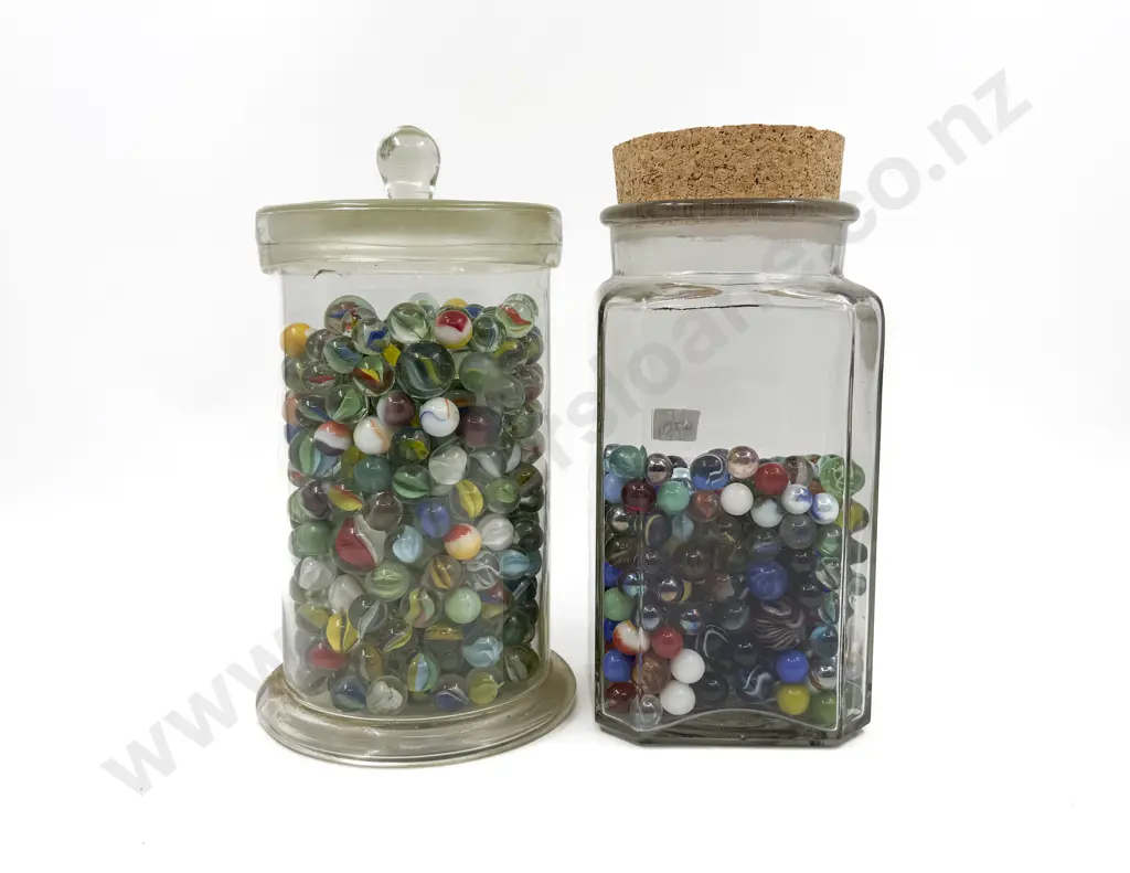 Two Glass Jars with Assorted Marbles Image 1++
