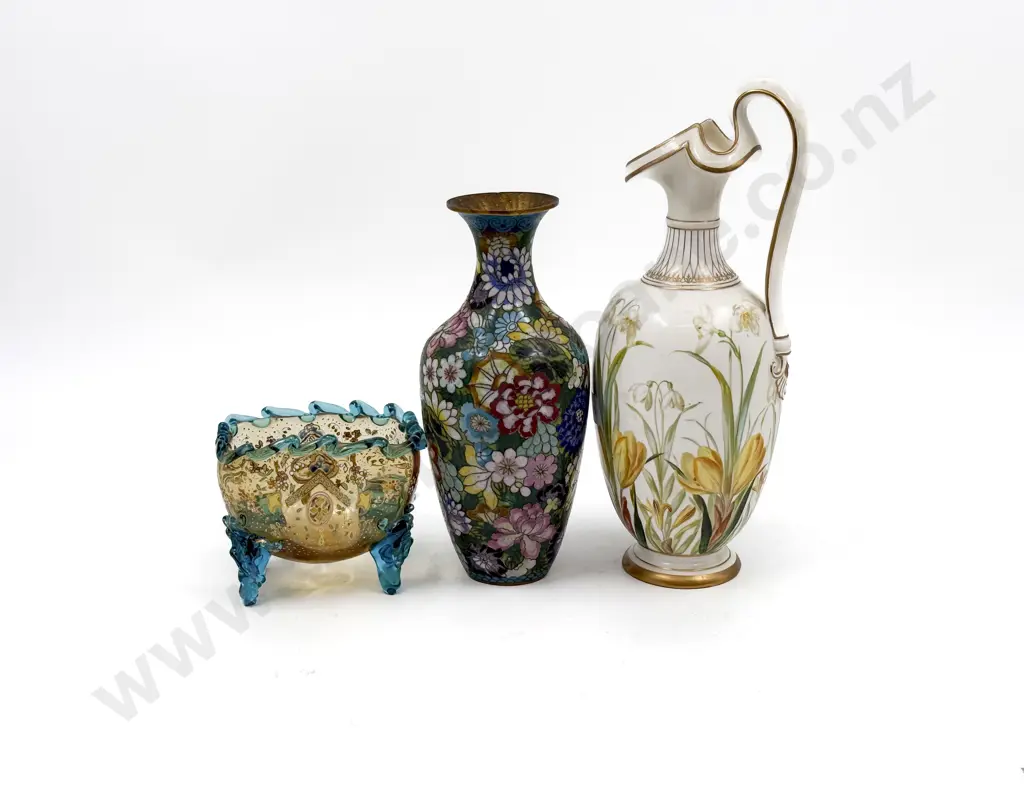 Cloisonne Vase With Art Glass Basket and Floral Jug Image 1++