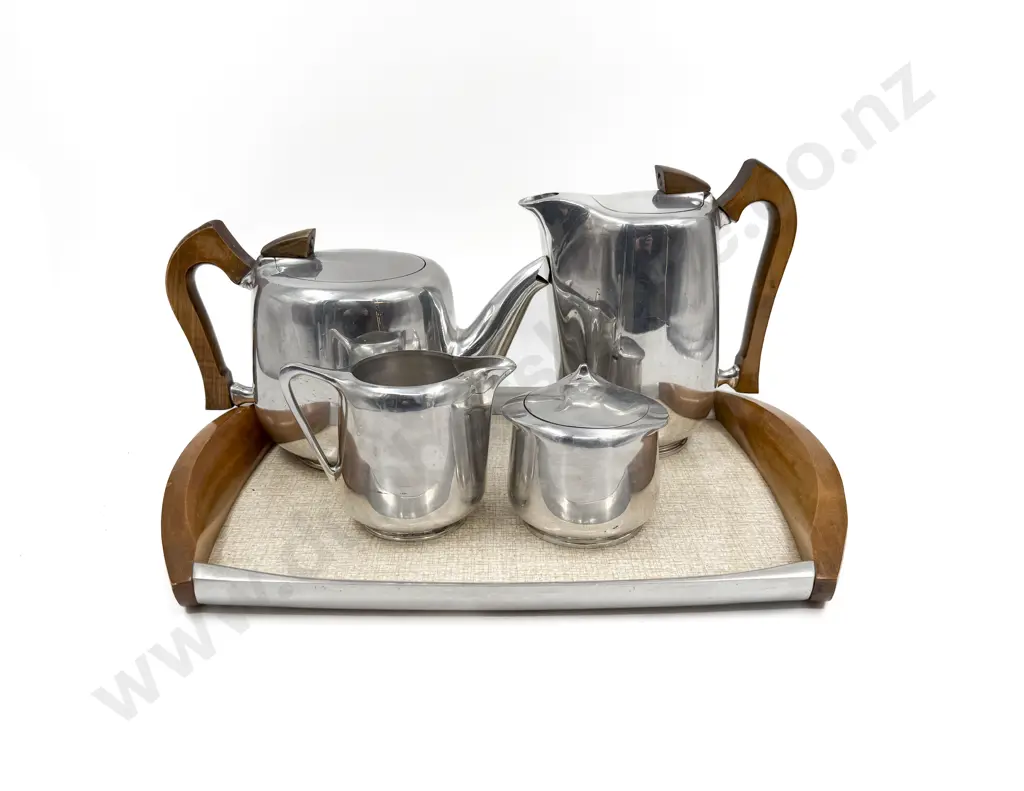 Four Piece "Picquot Ware" Tea Set Together with Tray Image 1++