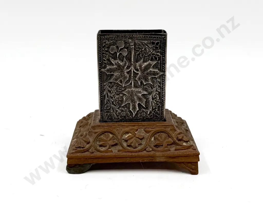 Indian Silver Matchbox Holder on Wooden Stand Image 1++